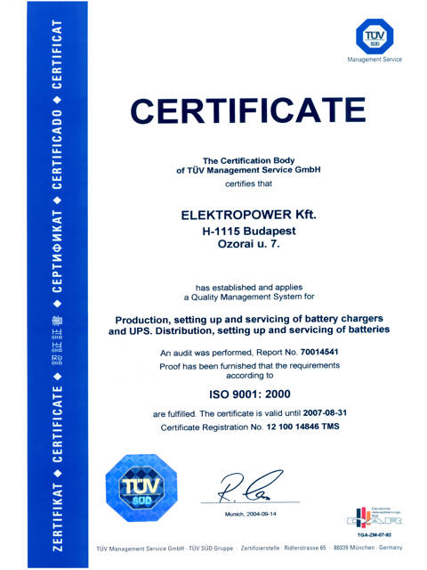 Elektropower Ltd. ISO 9001 Certificate