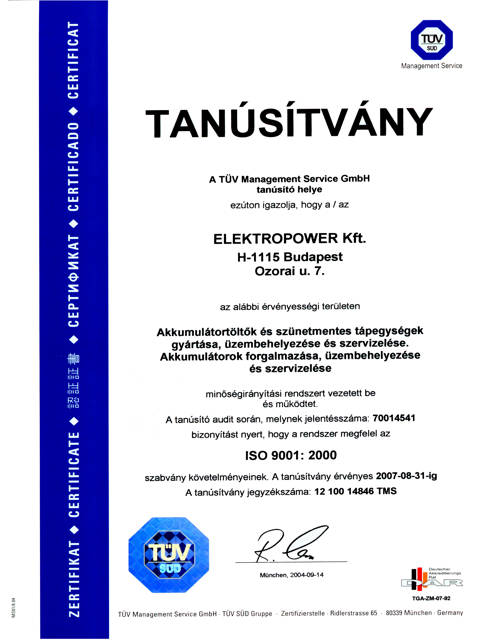 Az Elektropower Kft. ISO 9001 tanúsítványa